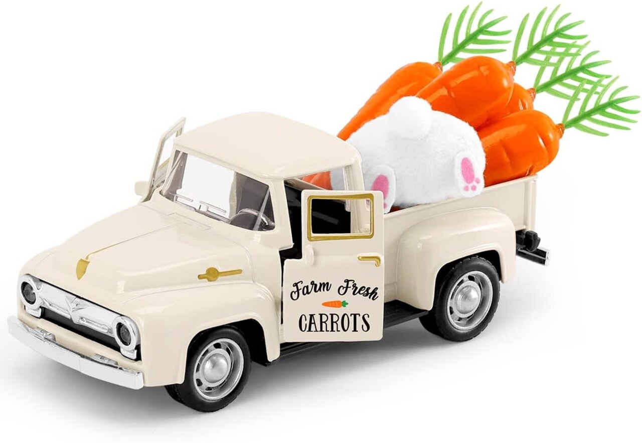 Easter Farmhouse Metal Truck with Bunny Butt Carrots Vintage Pickup Truck for Easter Spring Holiday Home Kitchen Tiered Tray Tabletop Bookshelf Decor